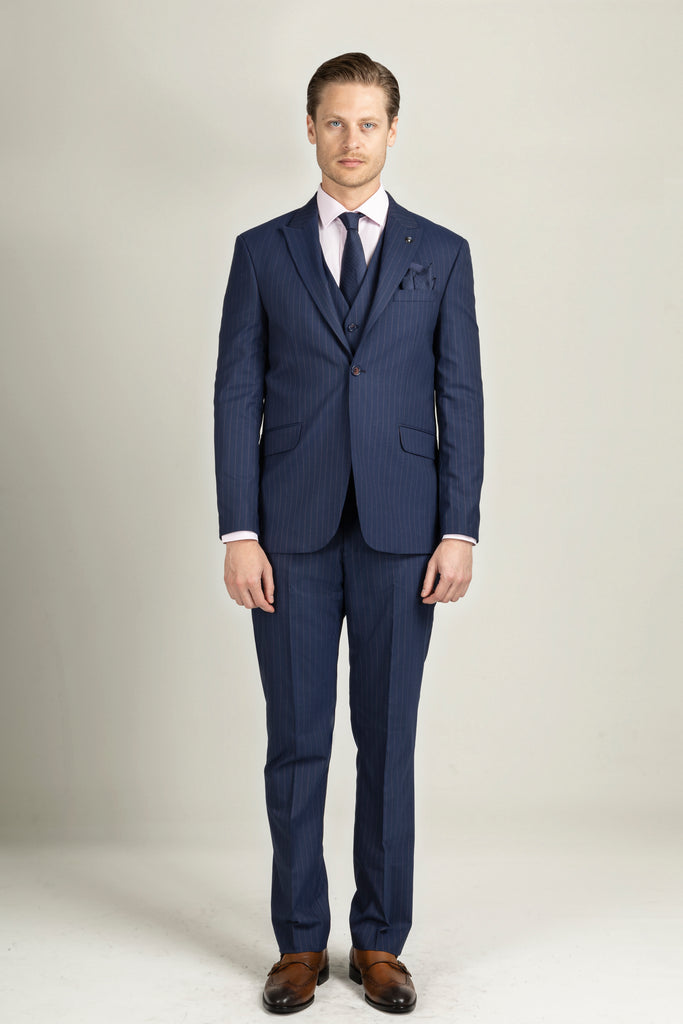 OLIVER - Blue 3 Piece Suit with Copper Pinstripe – Jack Martin Menswear