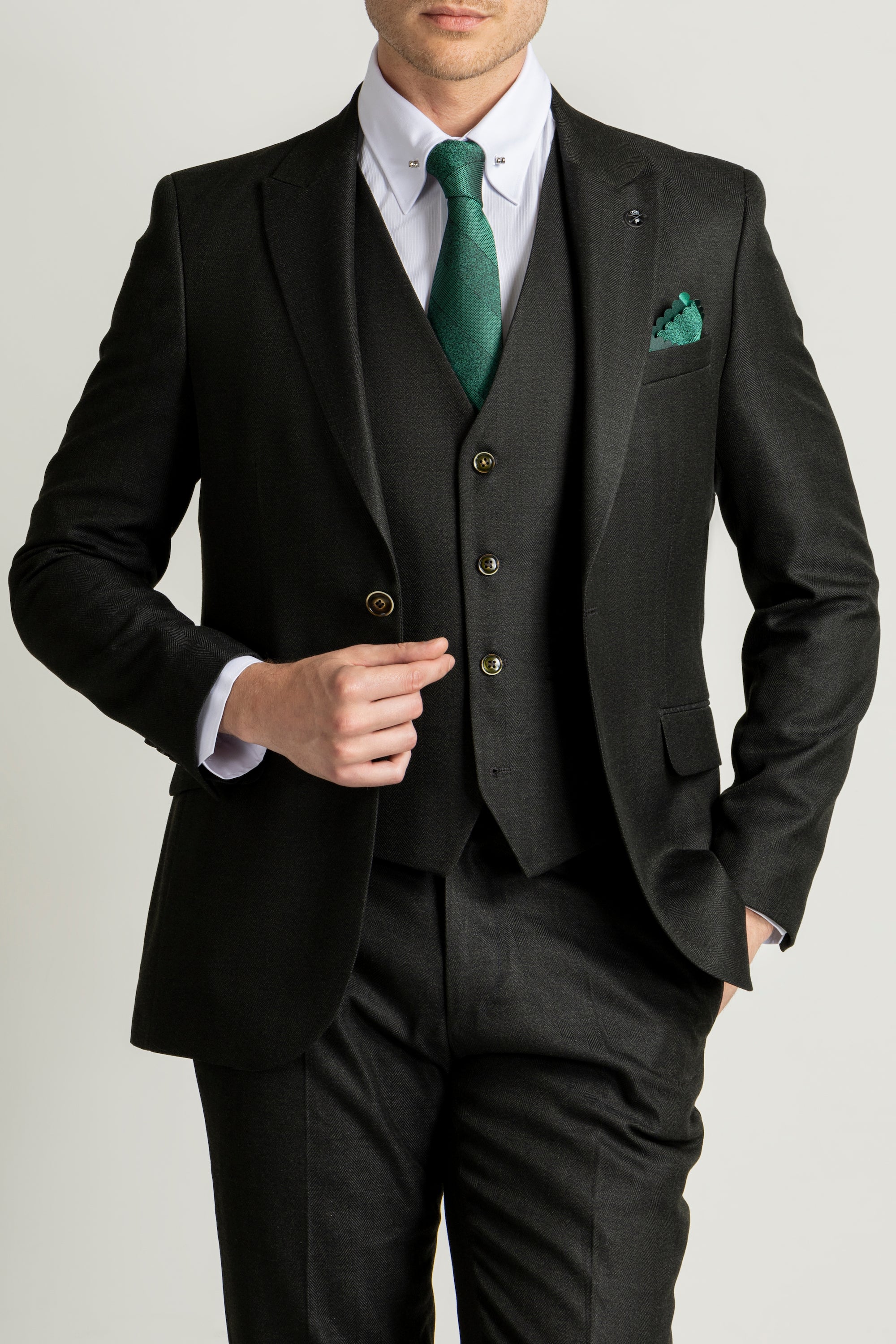 herringbone green suit