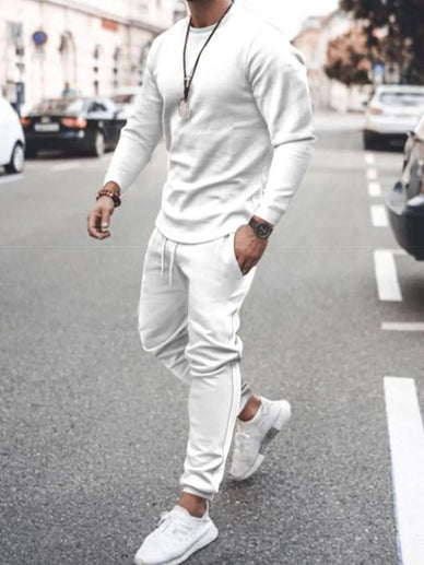 Men's Full Size Round Neck Long Sleeve Top and Pants Set Plus Size