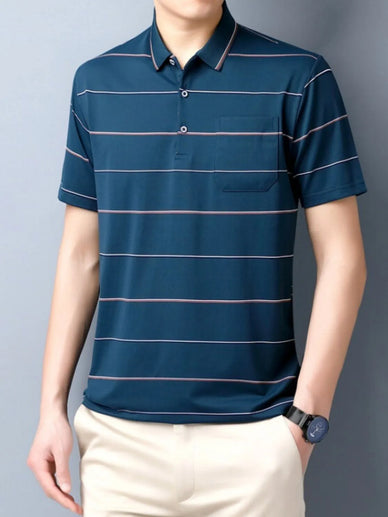 Men's Plus Size Striped Collared Neck Short Sleeve Polo