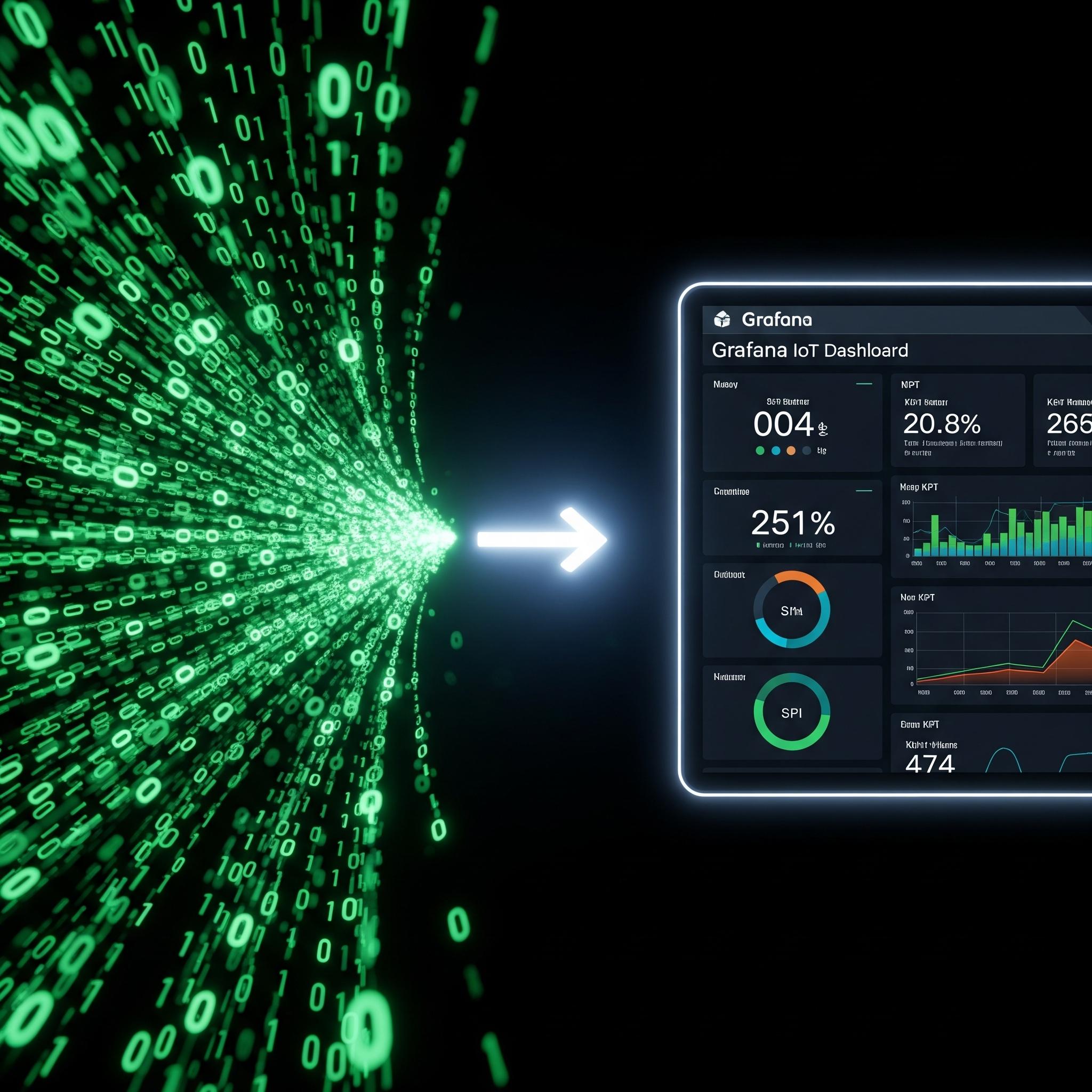 An infographic showing how Grafana transforms raw IoT sensor data into a clear and insightful dashboard