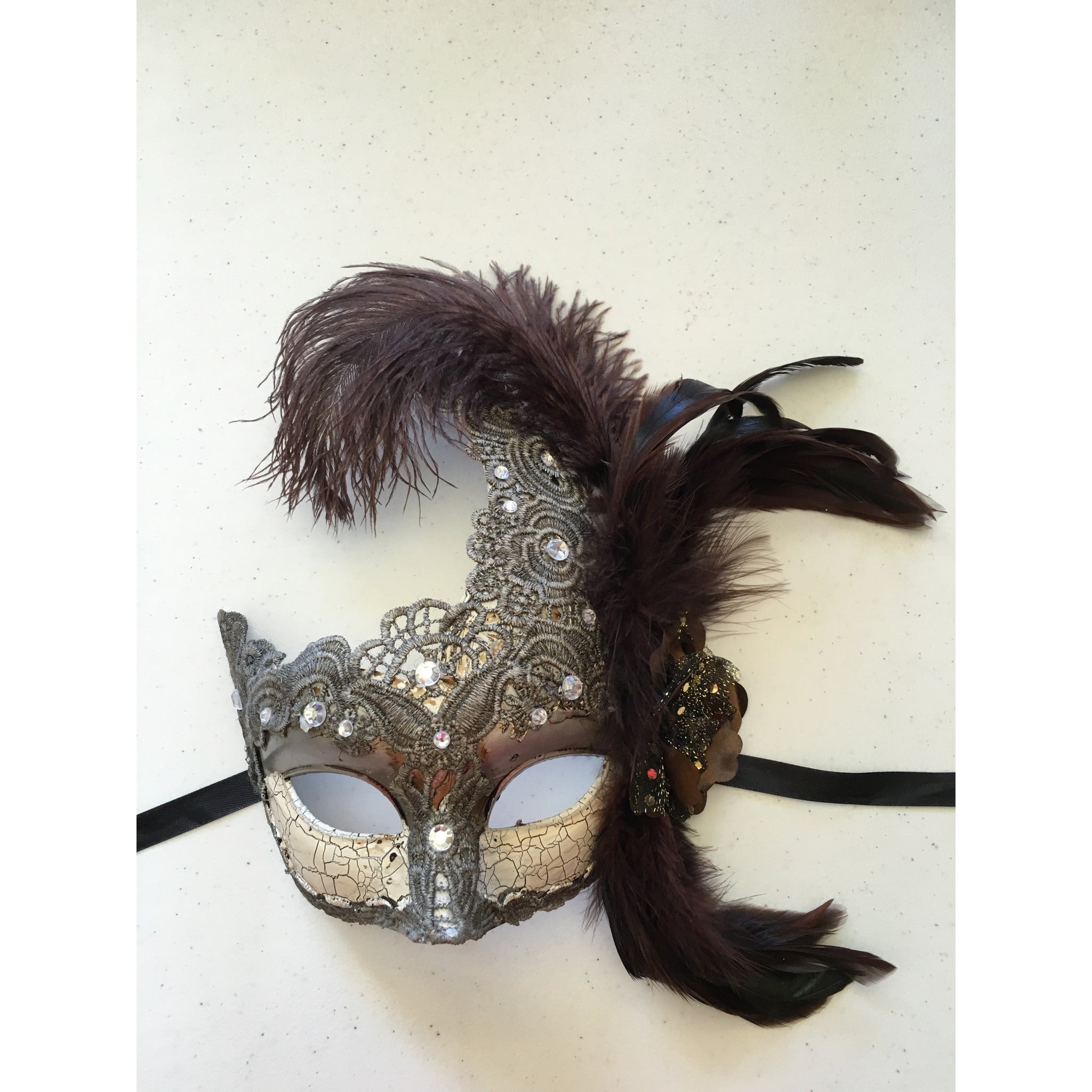 Antiqued Mardi Gras Mask - Streets of Orleans - Mardi Gras Feather Mask