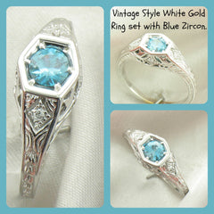 10kt White Gold Vintage Ring With Blue Zircon Center