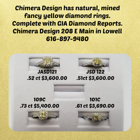 Stop in Chimera Design to see natural fancy yellow diamond rings.