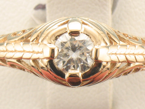 Vintage inspired 14kt yg ring with Moissanite center gem