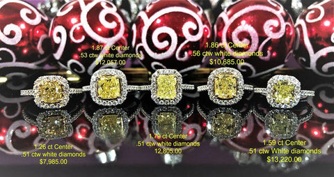 Look at this assortment of fancy yellow diamond engagement rings.