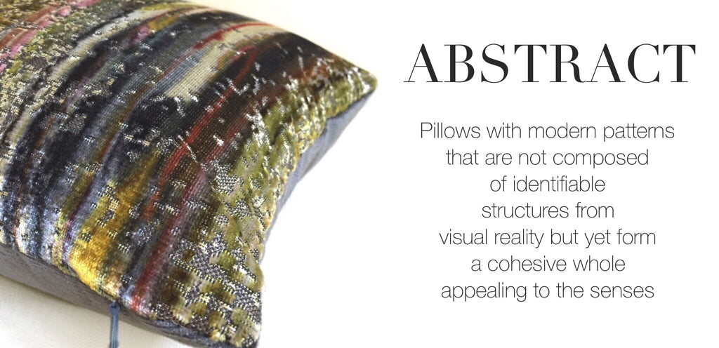 Abstract Pillows by Aloriam: Pillows with modern patterns that are not composed of identifiable structures from visual reality but yet form a cohesive whole appealing to the senses