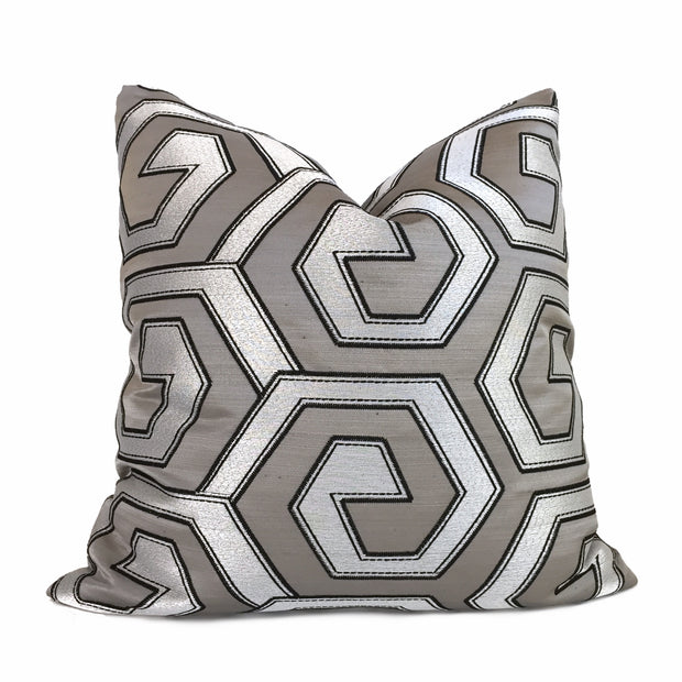 Designer Two Tone Silver Pewter Gray Embroidered Geometric Pillow Cover