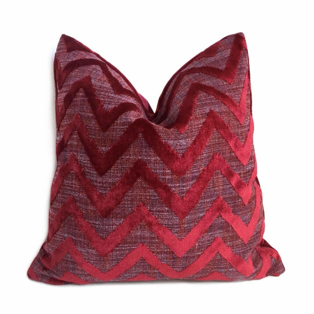 Crimson Red Velvet Ikat Chevron Pillow