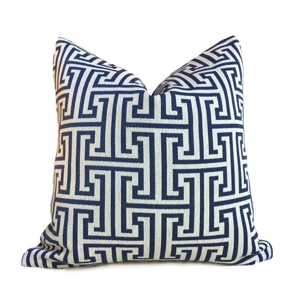 Designer Dark Blue Beige Greek Key Geometric Pillow Cover by Aloriam