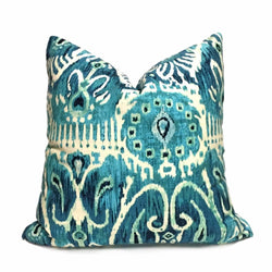 Designer Teal Green Cream Ikat Ethnic Motif Pillow Cover Cushion Pillow Case Euro Sham 16x16 18x18 20x20 22x22 24x24 26x26 28x28 Lumbar Pillow 12x18 12x20 12x24 14x20 16x26 by Aloriam