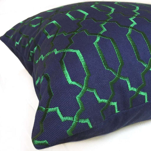 Elysa Navy Blue Emerald Green Embroidered Lattice Fretwork Pillow Cove –  Aloriam