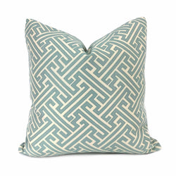Greek Key Geometric Jacquard Spa Blue Cream Pillow Cover