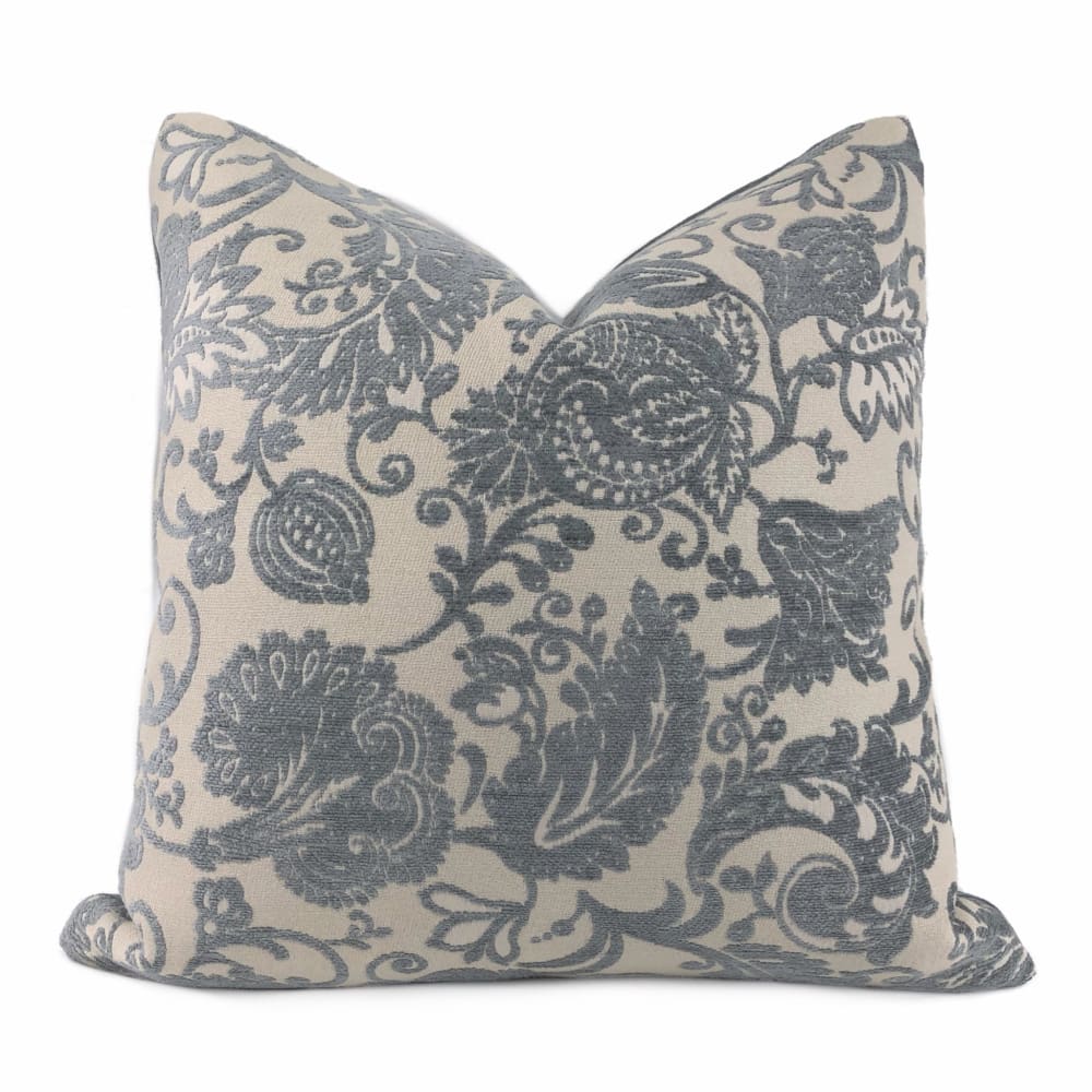 Kravet 32528 Jacobean Floral Slate Gray Beige Chenille Velvet Pillow C ...