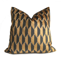 Robert Allen Alessio Copper Black Geometric Velvet Pillow Cover by Aloriam