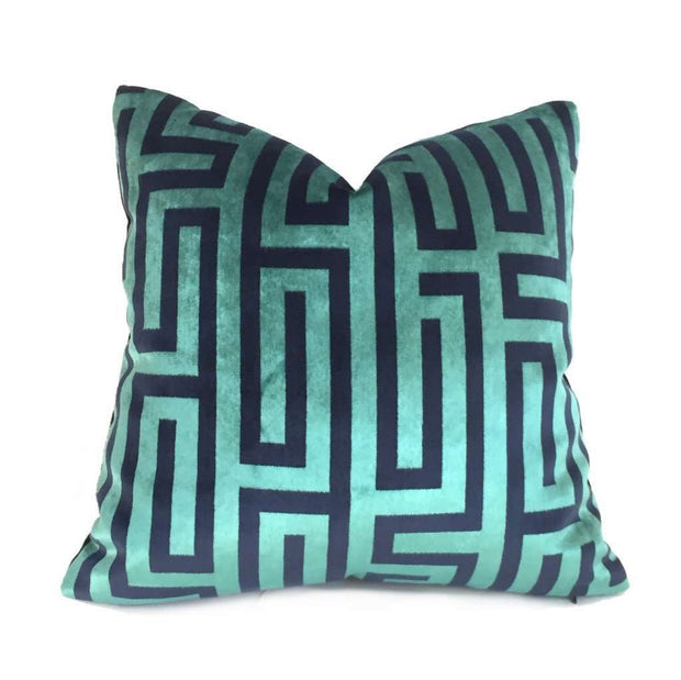 Robert Allen Larry Laslo Velvet Maze Aquamarine Greek Key Velvet Pillow Cover Cushion Pillow Case Euro Sham 16x16 18x18 20x20 22x22 24x24 26x26 28x28 Lumbar Pillow 12x18 12x20 12x24 14x20 16x26 by Aloriam