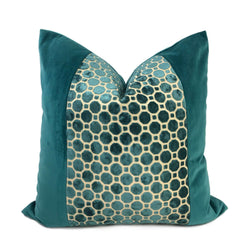 Samara Teal Green Velvet Geo Panel Pillow Cover Cushion Pillow Case Euro Sham 16x16 18x18 20x20 22x22 24x24 26x26 28x28 Lumbar Pillow 12x18 12x20 12x24 14x20 16x26 by Aloriam