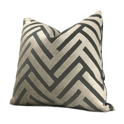 Taupe, Steel Blue, Gray Chevron Velvet Throw Pillow Cover