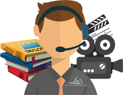 customer support man with headset and a stack of books with taylor logo and video camera behind him