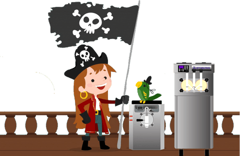 pirate girl with pirate flag and parrot on pirate ship with a taylor 430 frozen beverage margarita machine and stoelting f231 soft serve frozen yogurt ice cream machine