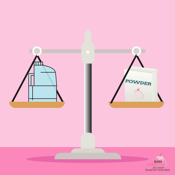 scale weighing a jug of liquid mix and box of powdered mix with slices concession logo