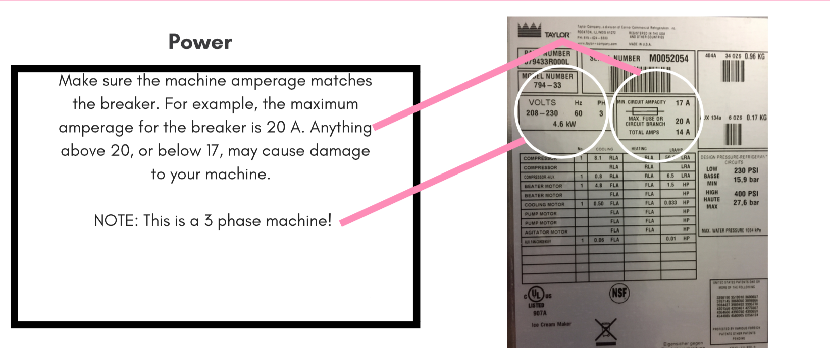 specifications on electrical set up for three phase and single phase machines with picture of taylor ice cream machine frozen dessert machine