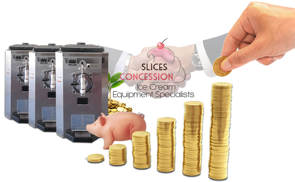 taylor 430 frozen drink frozen beverage machines with piggy bank and golden coins stacked up with slices concession logo & businessmen hands shaking in agreement in background