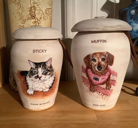 Sticky and Muffin, Custom Cat and Dog Cremation Urns