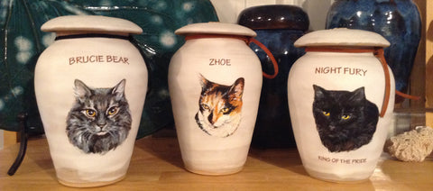 Ceramic cremation urns for cats, custom image urn