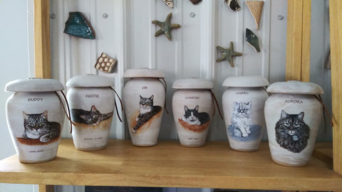 Custom painted cat cremation urns Malloryville Pottery