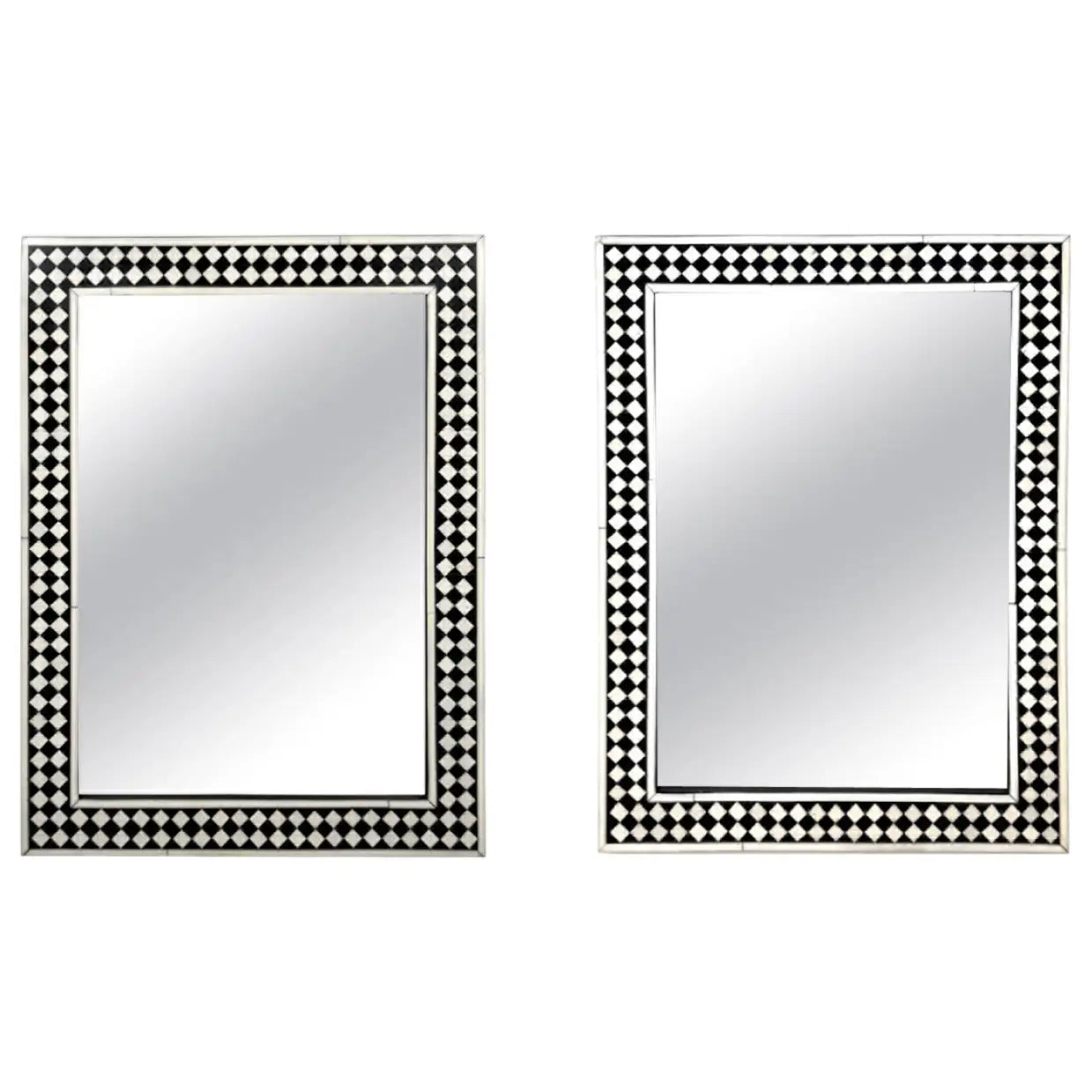 Art Deco Style Black & White Resin Diamond Design Wall or Console Mirror, a pair