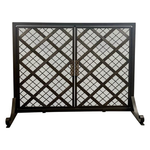 Art Deco Style Black & Bronzed Metal Two-Door & Diamond Design Fireplace Screen - Atlas Showroom