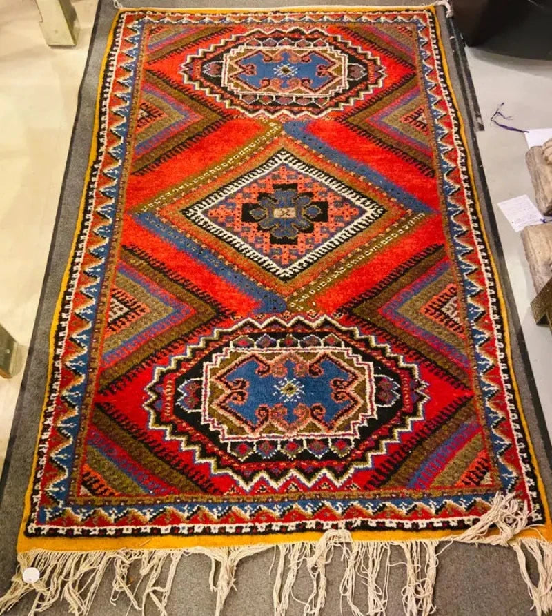 Rectangular Moroccan Handwoven Rug in Boho Chic Style with Blue & Red Wool Diamond Design