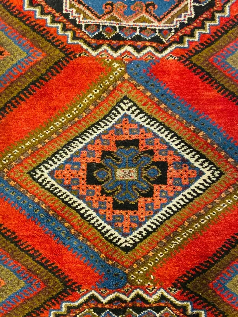 Rectangular Moroccan Handwoven Rug in Boho Chic Style with Blue & Red Wool Diamond Design