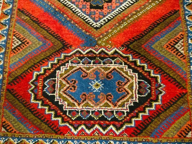 Rectangular Moroccan Handwoven Rug in Boho Chic Style with Blue & Red Wool Diamond Design