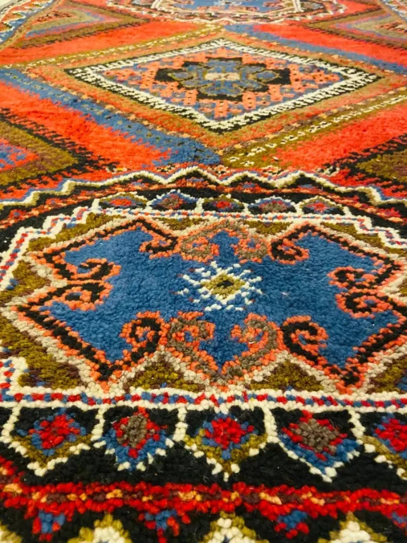 Rectangular Moroccan Handwoven Rug in Boho Chic Style with Blue & Red Wool Diamond Design