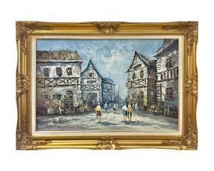 Impressionistic Oil on Canvas Painting of European Street Scene by L.I. Bernard - Atlas Showroom
