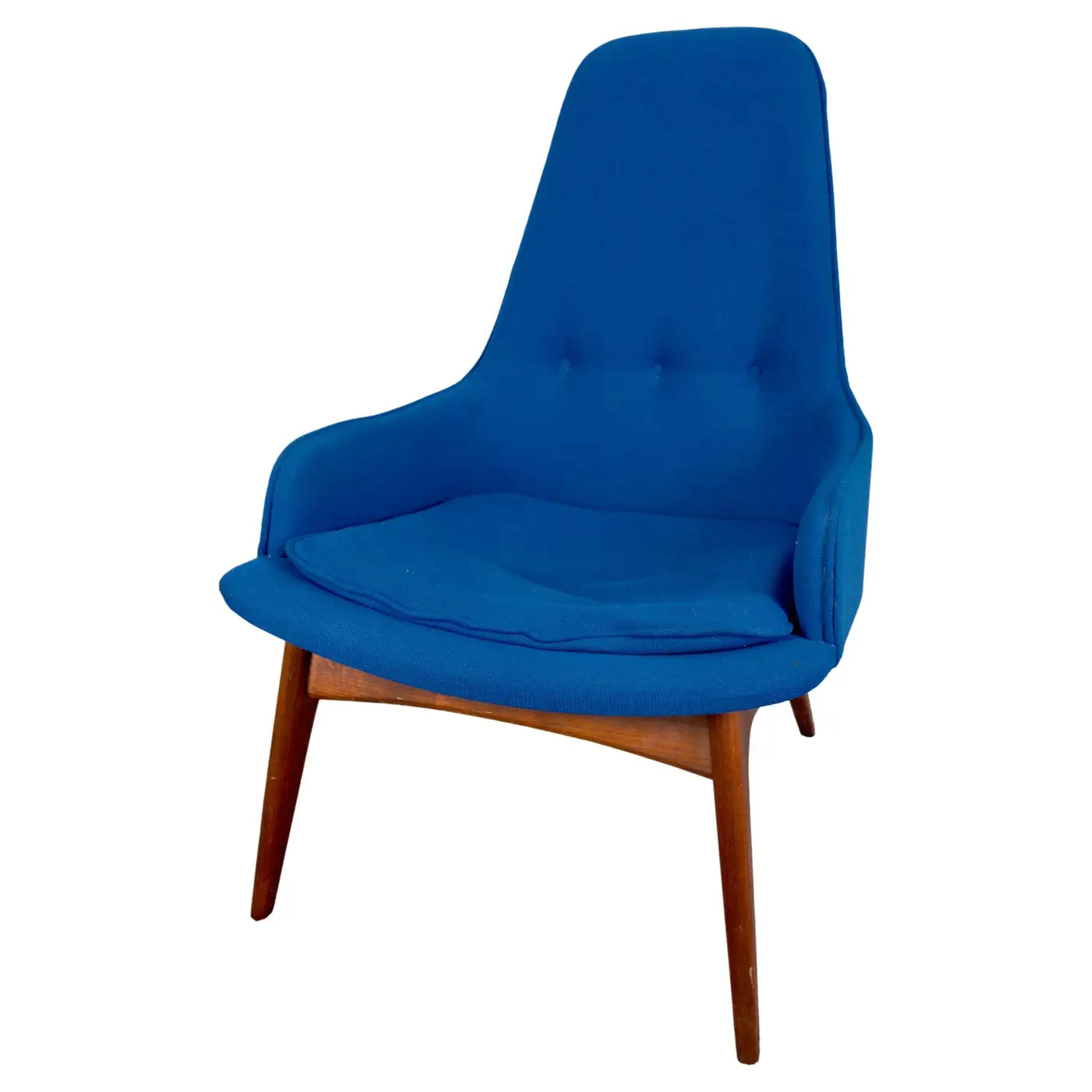 Blue Upholstered Mid Century Modern Scandinavian Walnut Barrel Armchair