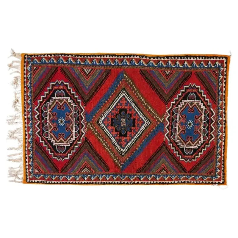 Rectangular Moroccan Handwoven Rug in Boho Chic Style with Blue & Red Wool Diamond Design