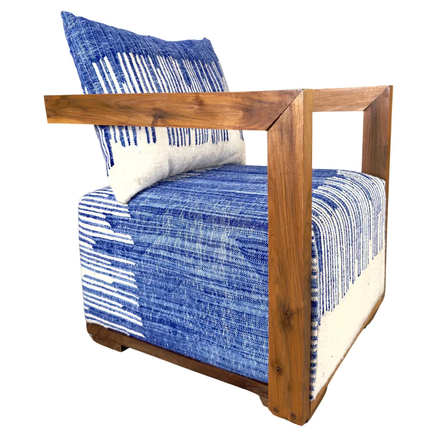 Walnut Lounge Chair in Art Deco Style Upholstered with Blue & White Boucle Fabric