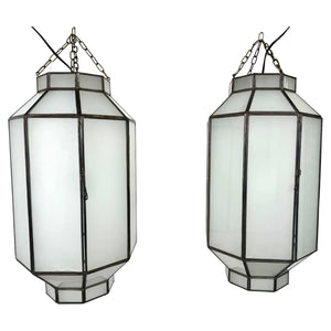 Art Deco Style Frosted White Milk Glass & Bronze Octagonal Pendant, a Pair - Atlas Showroom