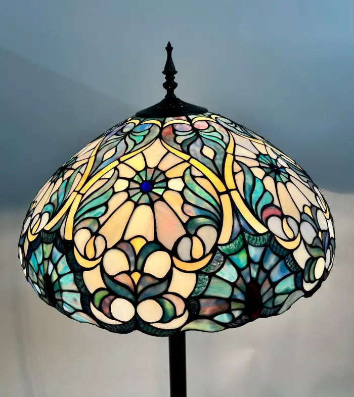 Stunning Art Nouveau Floor Lamp with a Blue Stained Glass Dome Shaped Shade on Sale: Tiffany-Inspired
