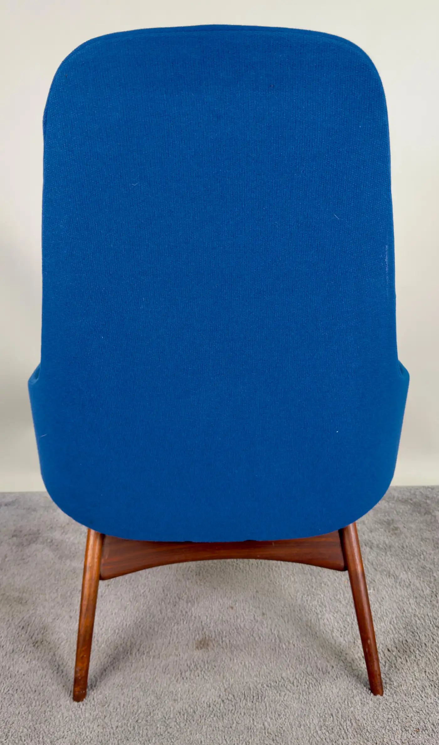 Blue Upholstered Mid Century Modern Scandinavian Walnut Barrel Armchair