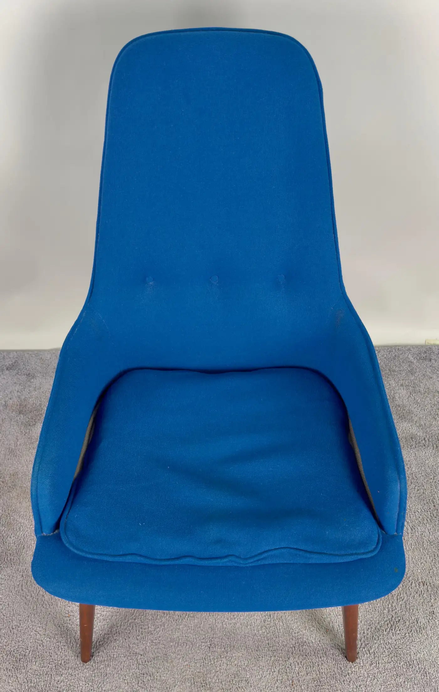 Blue Upholstered Mid Century Modern Scandinavian Walnut Barrel Armchair