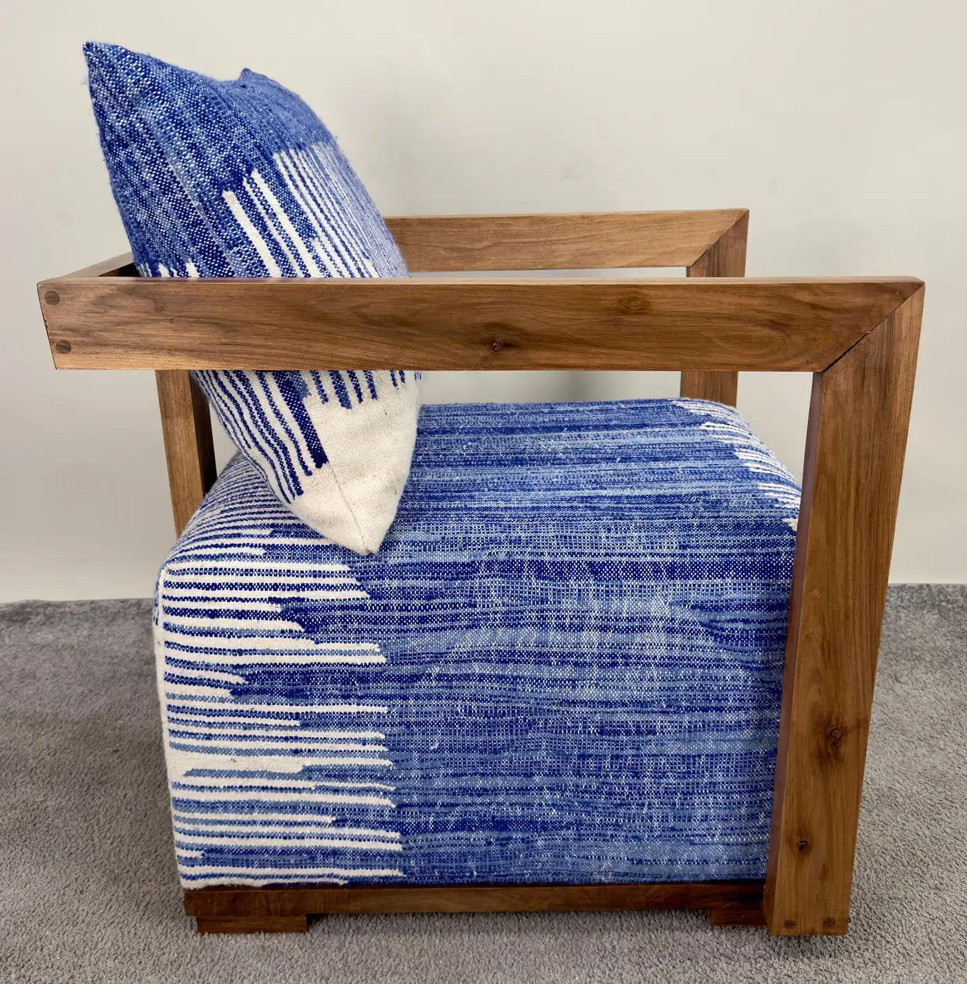 Walnut Lounge Chair in Art Deco Style Upholstered with Blue & White Boucle Fabric