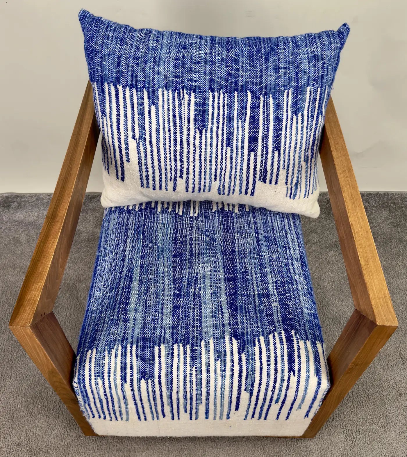 Walnut Lounge Chair in Art Deco Style Upholstered with Blue & White Boucle Fabric