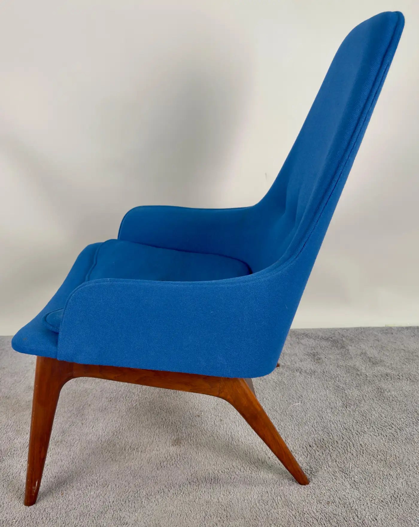 Blue Upholstered Mid Century Modern Scandinavian Walnut Barrel Armchair