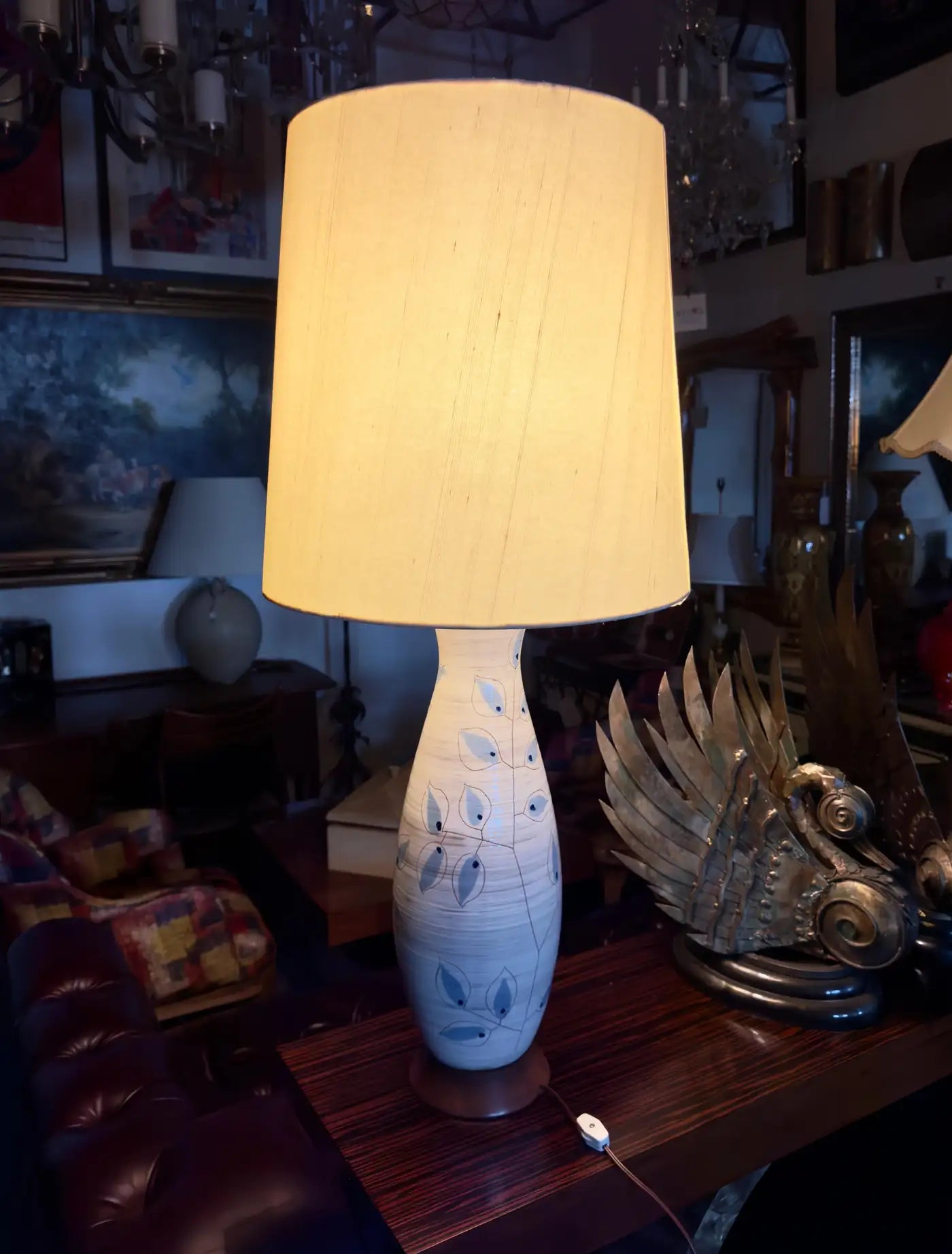 Exquisite Bitossi Artisan Ceramic Table Lamp Adorned with Blue Leaves Design