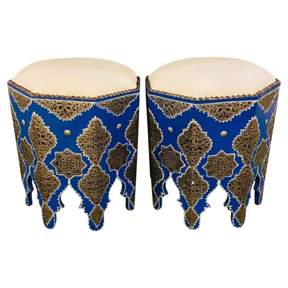Pair of Moroccan Stools with White Leather Tops in Stunning Blue