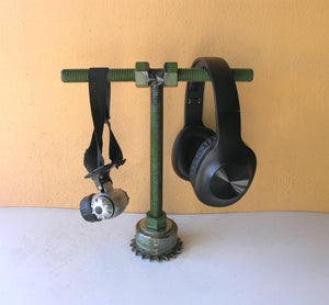 Green headphone stand, audio hanger, industrial office computer accessory
